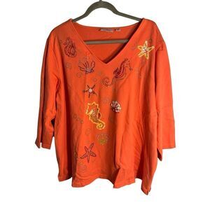Quacker Factory Womens Beaded 3/4 Sleeve V-neck Cotton Top Coral 3X NWOT